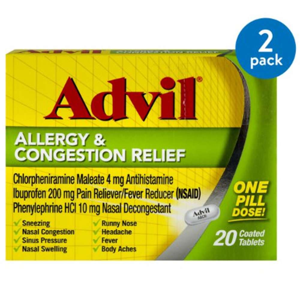 (2 Pack) Advil Allergy &  Congestion Relief (20 Count) Pain Reliever ...