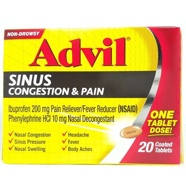 Advil Sinus Congestion &  Pain, Coated Tablets 20 ea (Pack of 2 ...