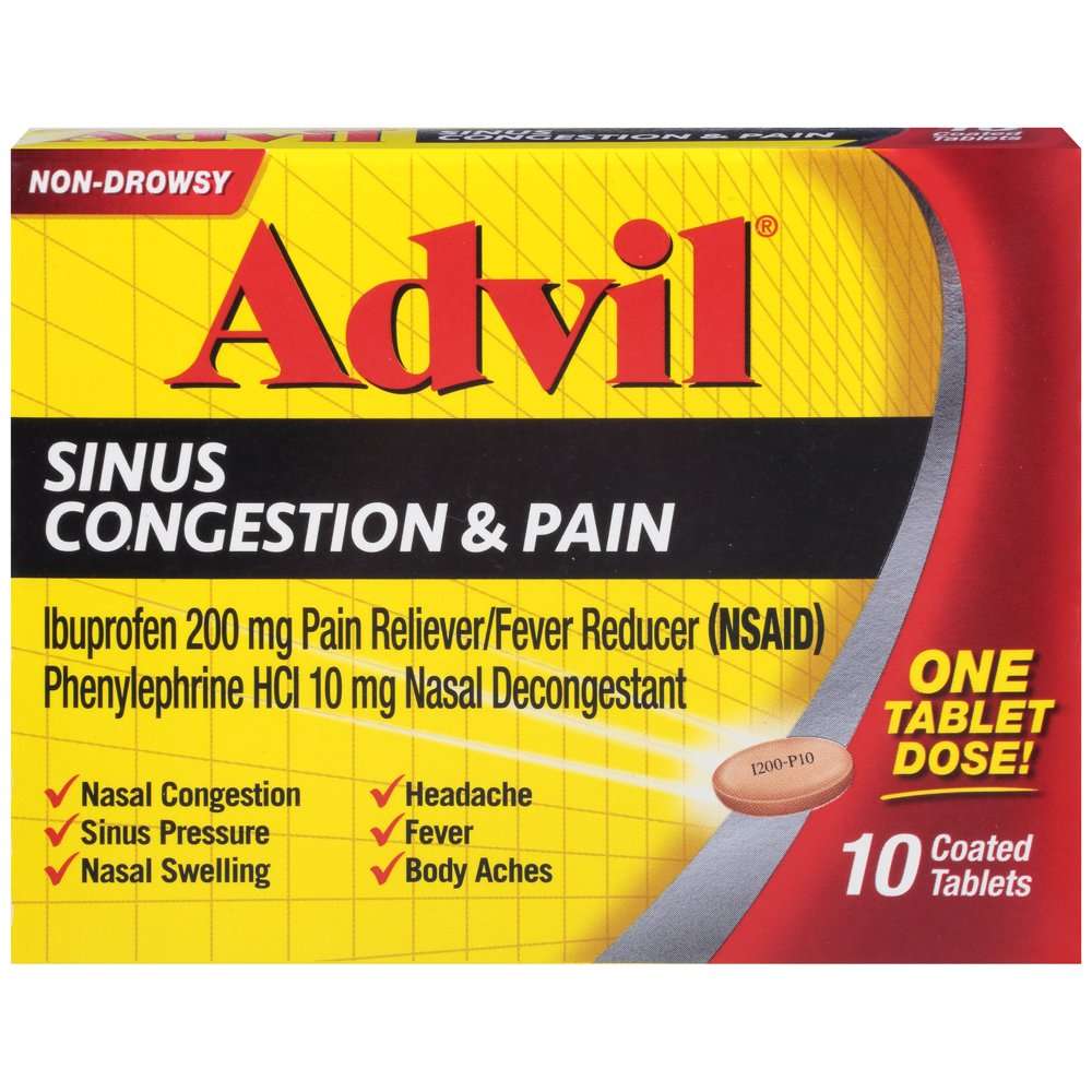 Advil Sinus Congestion &  Pain Relief, Pain &  Fever Reducer, 10 ct ...