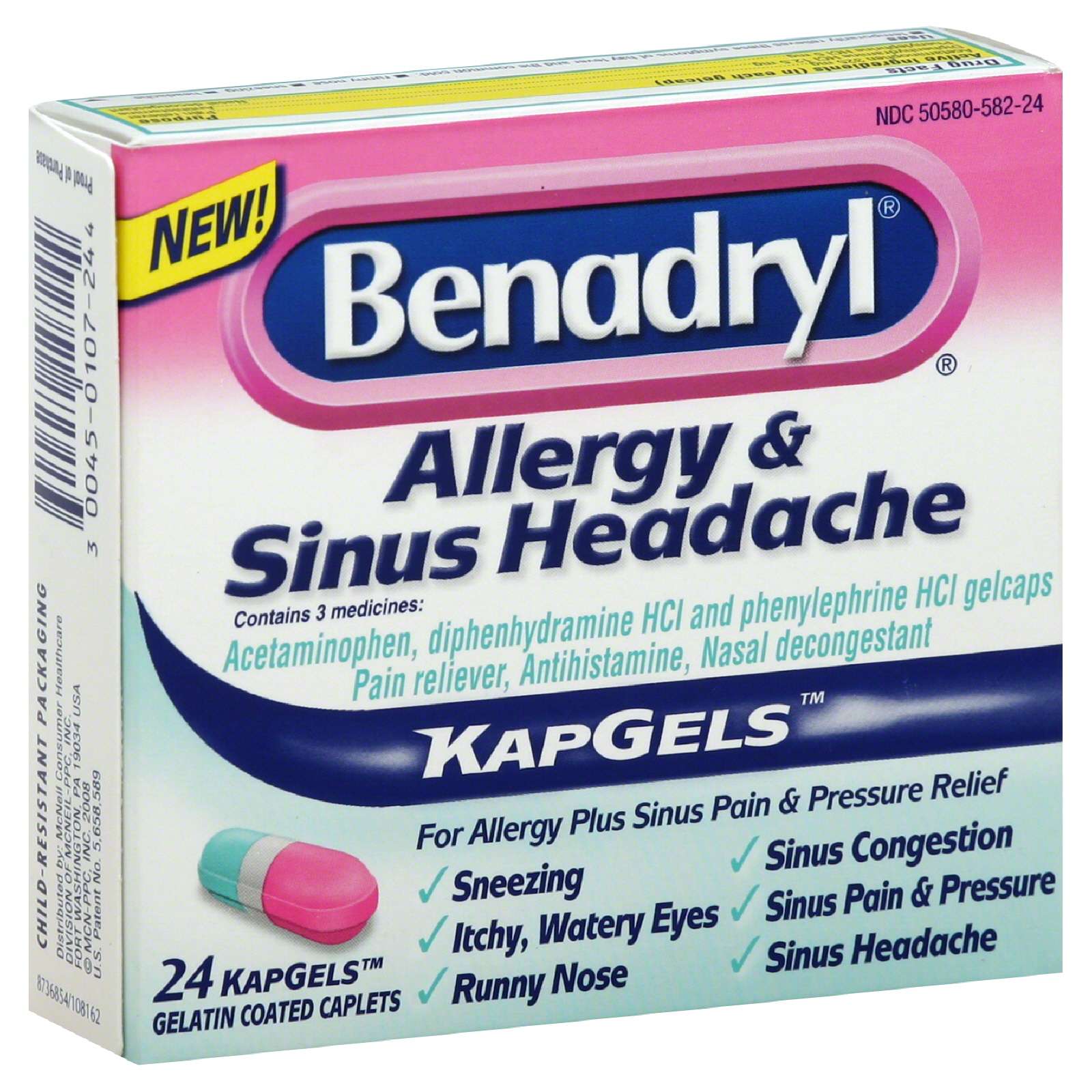 Benadryl Allergy &  Sinus Headache, KapGels, 24 caplets ...