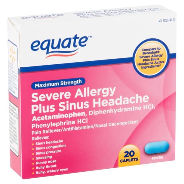 Equate Severe Allergy Plus Sinus Headache Caplets, 20 Ct