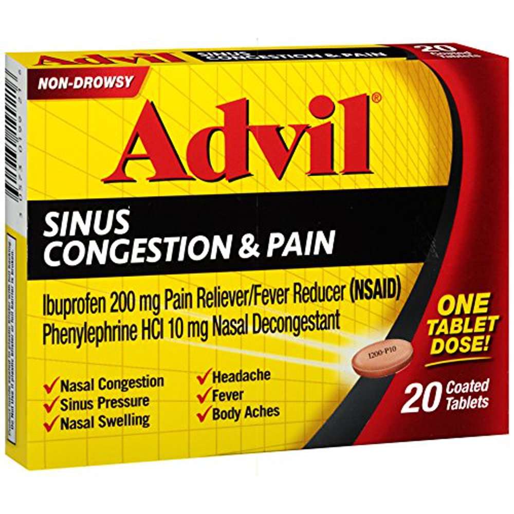 Sinus Congestion &  Pain Reliever Coated Tablets, 20 Count, Ibuprofen ...