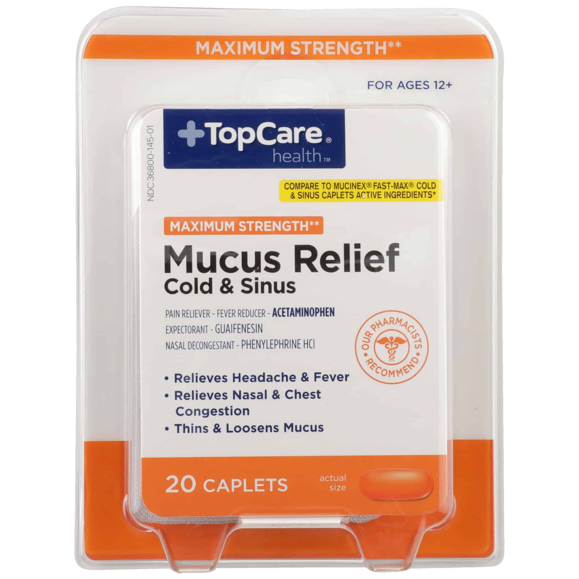 TopCare Maximum Strength Mucus Relief Cold &  Sinus Pain Reliever ...